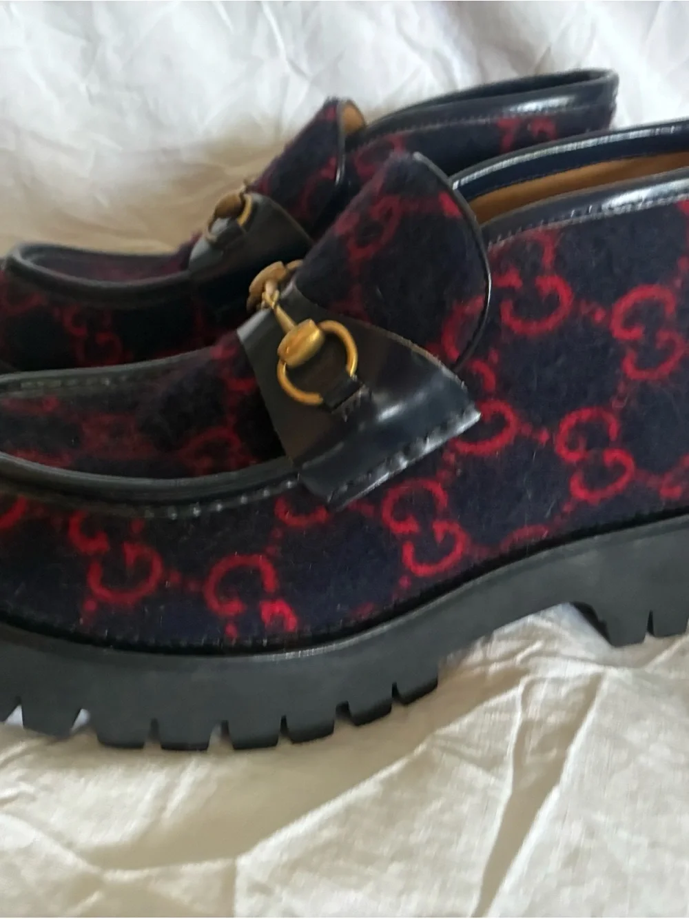 Gucci horsebit Navy & Red GG wool with black leather trim, Lug sole Boots/loafer